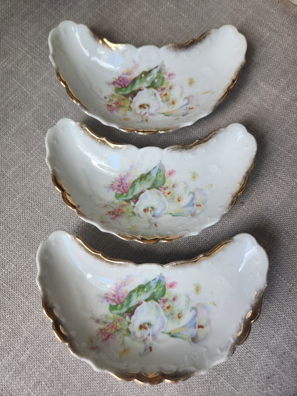 Antique Silesia Germany Porcelain Crescent - White Gold and Pastel Floral Set 3